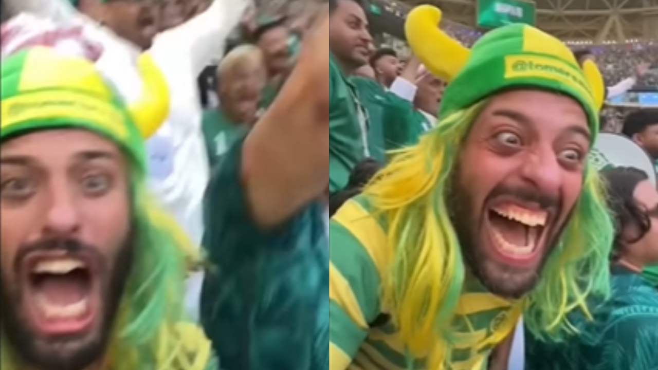 Torcedor brasileiro na Copa viraliza entre árabes e chama atenção de rei