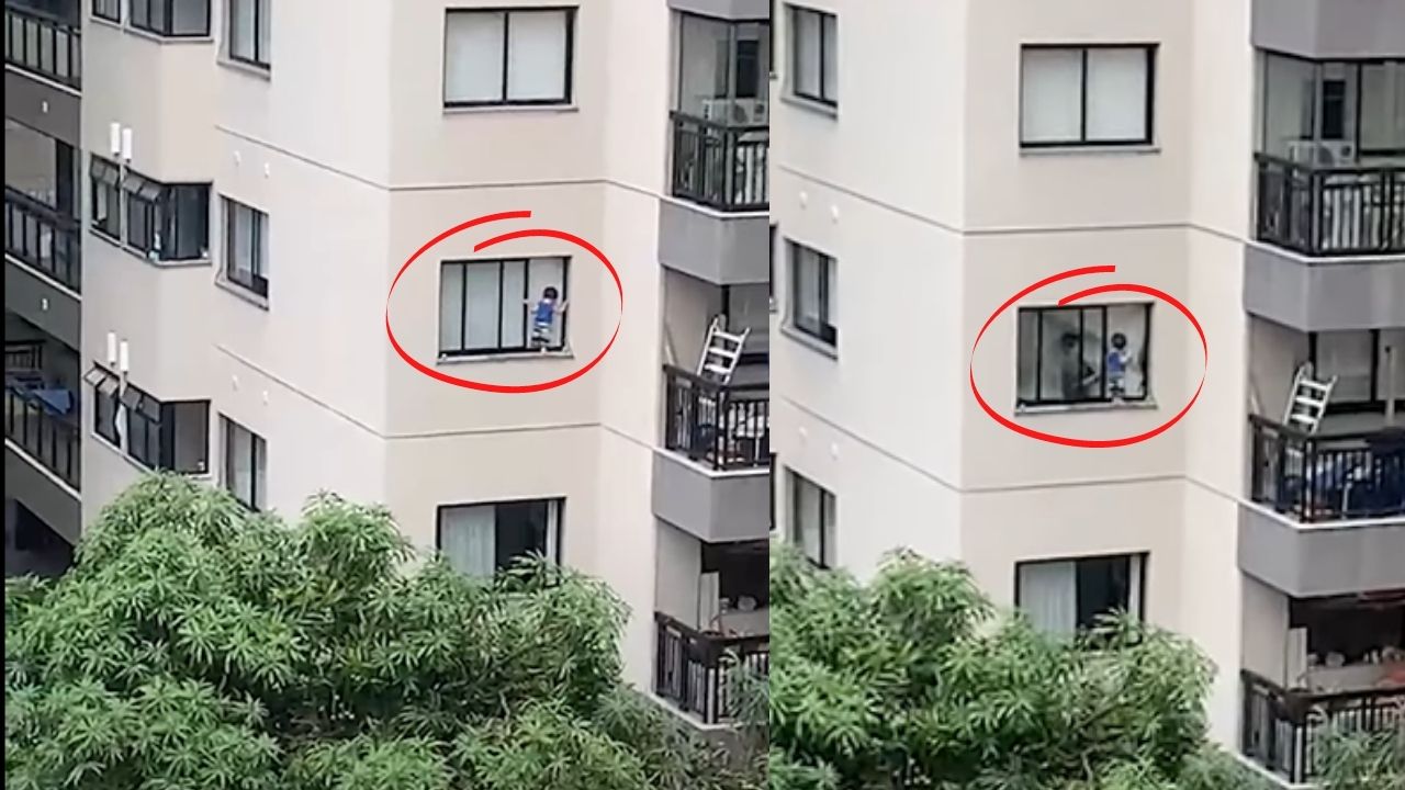 Criança é avistada andando no parapeito de janela de prédio