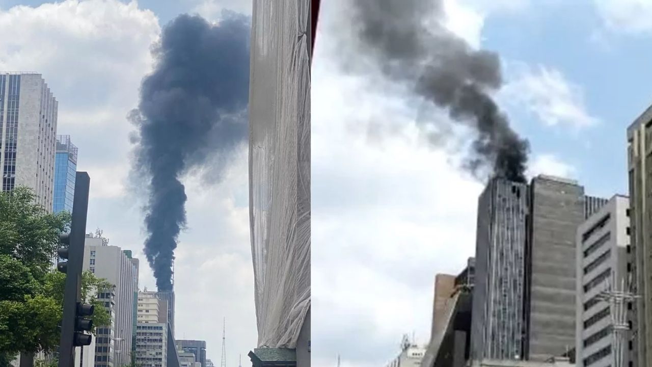 Incêndio em edifício na Avenida Paulista forma coluna de fumaça