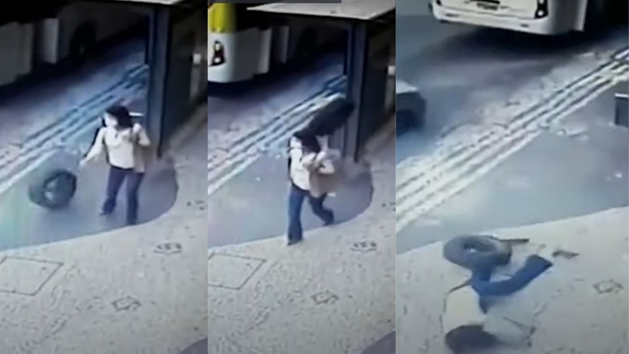 Vídeo que mostra mulher sendo ‘atropelada’ por pneu viraliza novamente