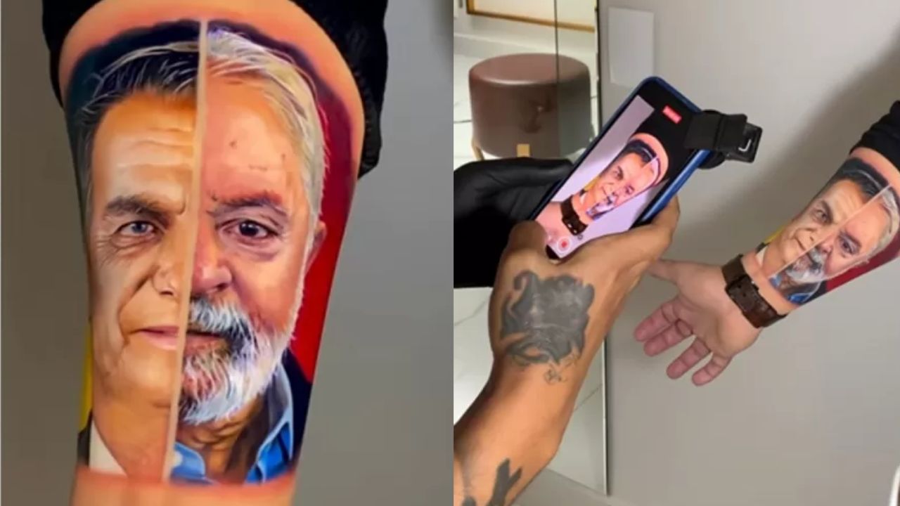 Homem tatua rostos de Bolsonaro e Lula no antebraço