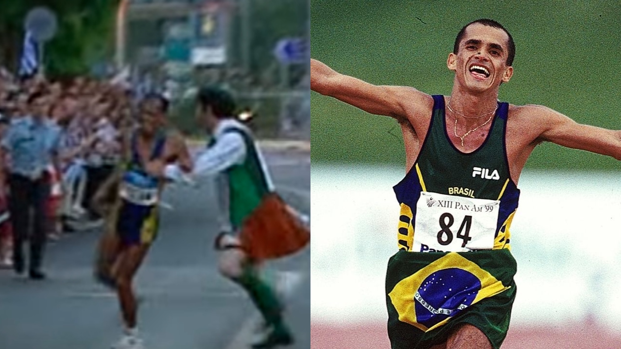 Quando faltavam 7 para a linha de chegada, o atleta Vanderlei foi empurrado por um manifestante