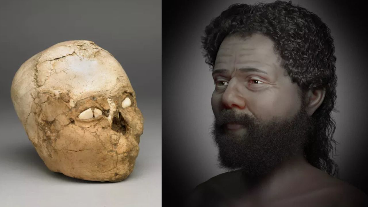 Esse é o rosto de um homem enterrado com conchas nos olhos há 9 mil anos