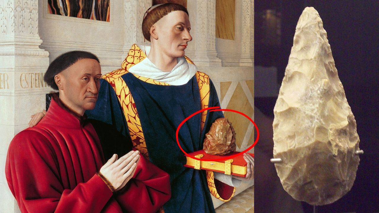 Existe uma ferramenta da Idade da Pedra nesta pintura de 1455?