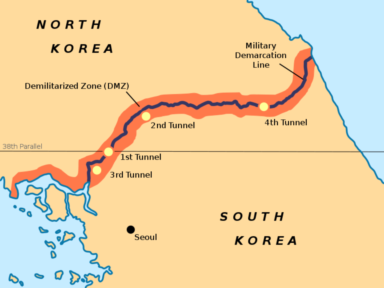Mapa com a divis&atilde;o no paralelo 38 entre Coreia do Norte e Coreia do Sul, destacando tamb&eacute;m a 