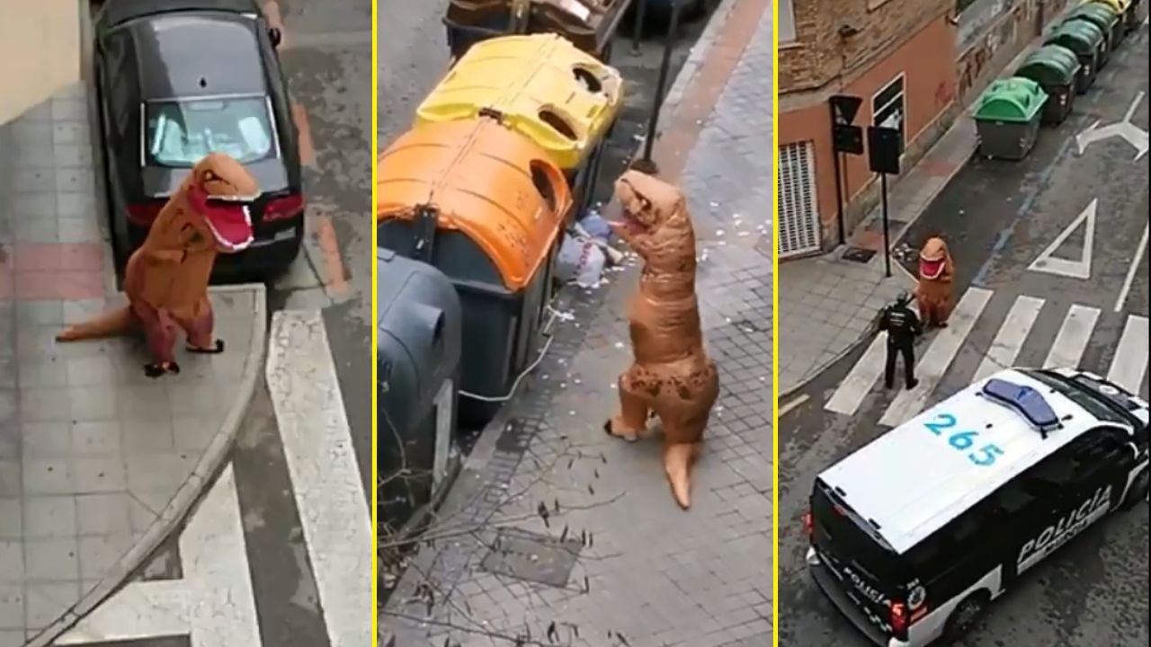 Homem vestido de dinossauro é parado pela polícia ao descumprir quarentena na Espanha