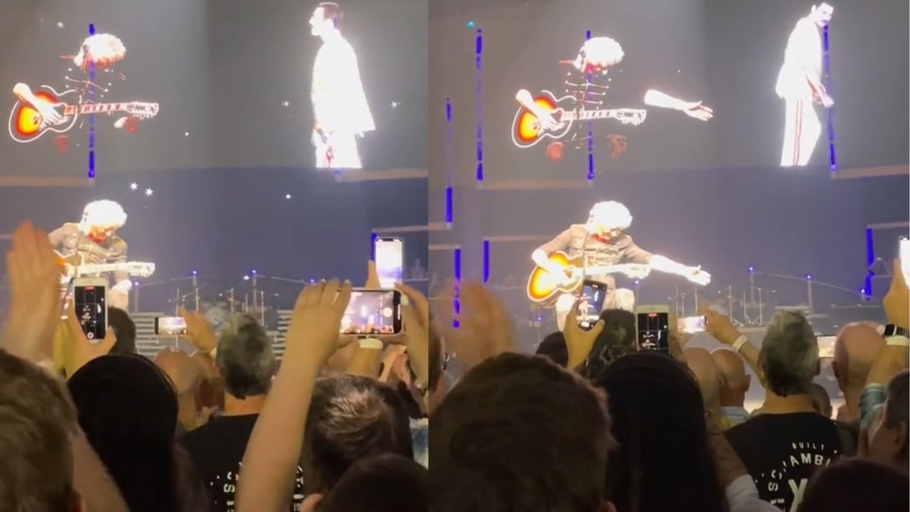 Guitarrista do Queen se emociona com telão que traz Freddie Mercury ‘de volta à vida’