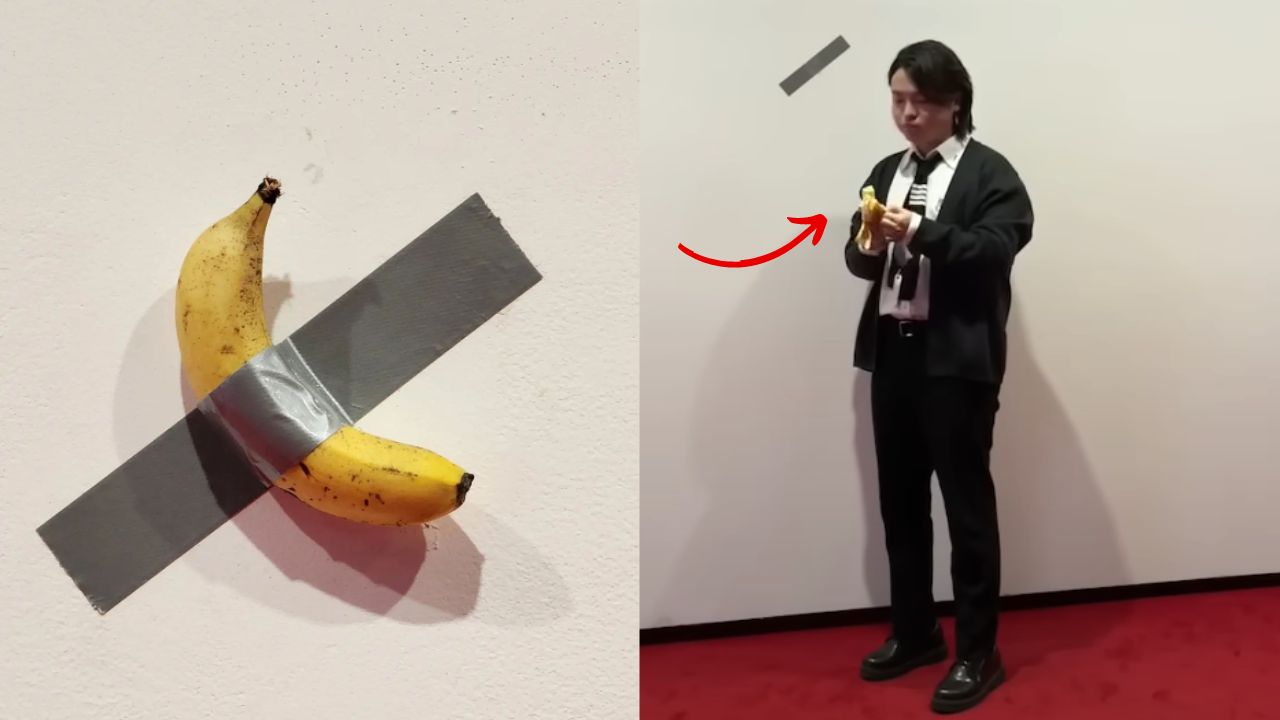 Jovem come banana de exposição em museu da Coreia do Sul