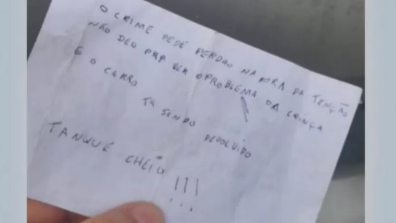 Ladrão se arrepende de roubar carro e o devolve com tanque cheio e um pedido de desculpas