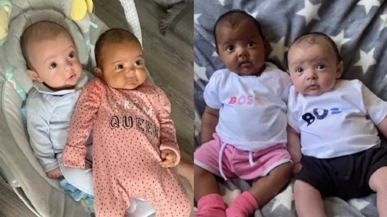 ‘Família única’, diz mulher que deu à luz para gêmeos de diferentes tons de pele