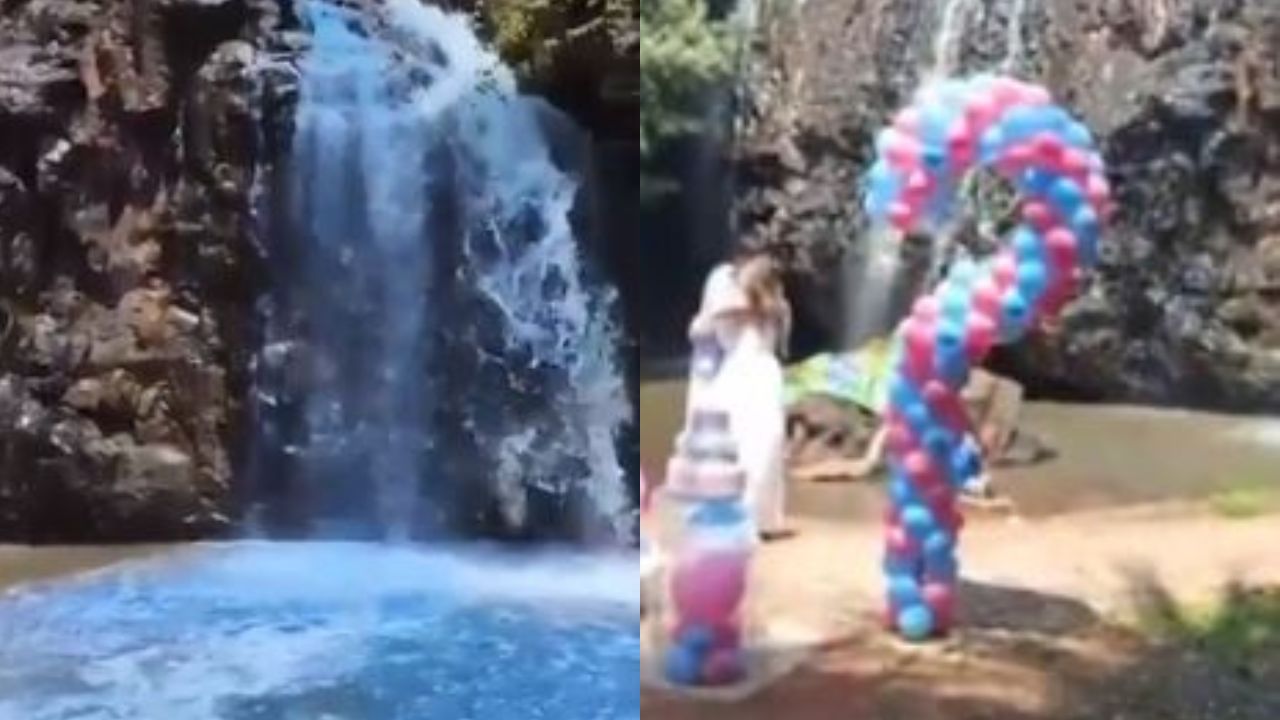 Família “tinge” cachoeira de azul para chá revelação
