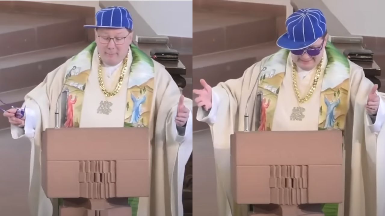 Padre surpreende fiéis ao fazer rap e usar boné e corrente durante missa