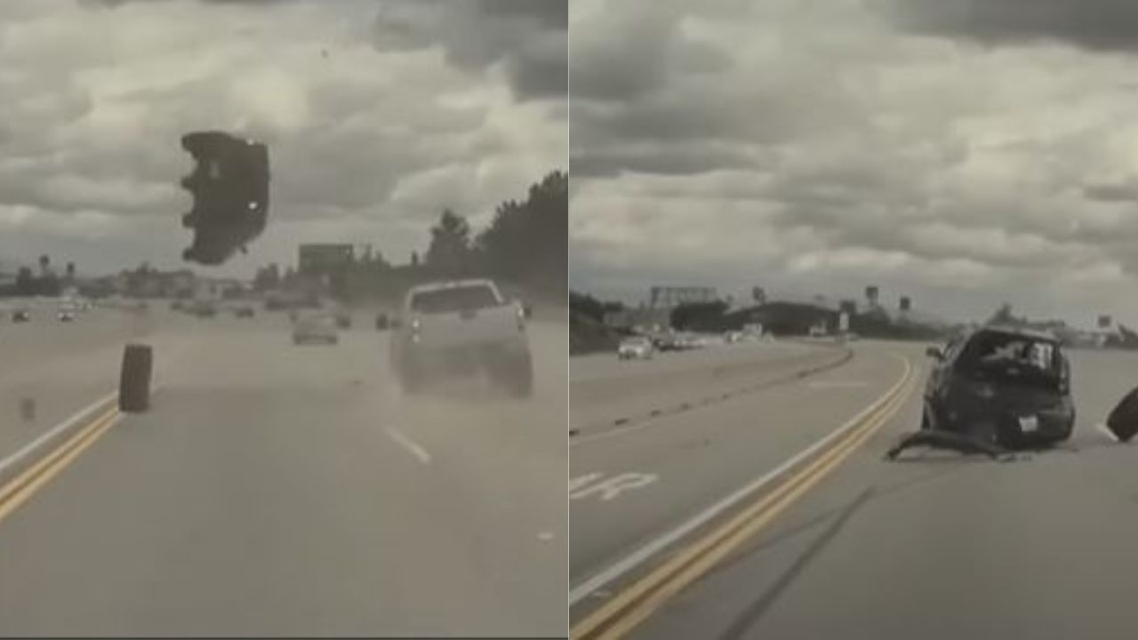 Carro ‘decola’ em rodovia após ser atingido por pneu nos Estados Unidos