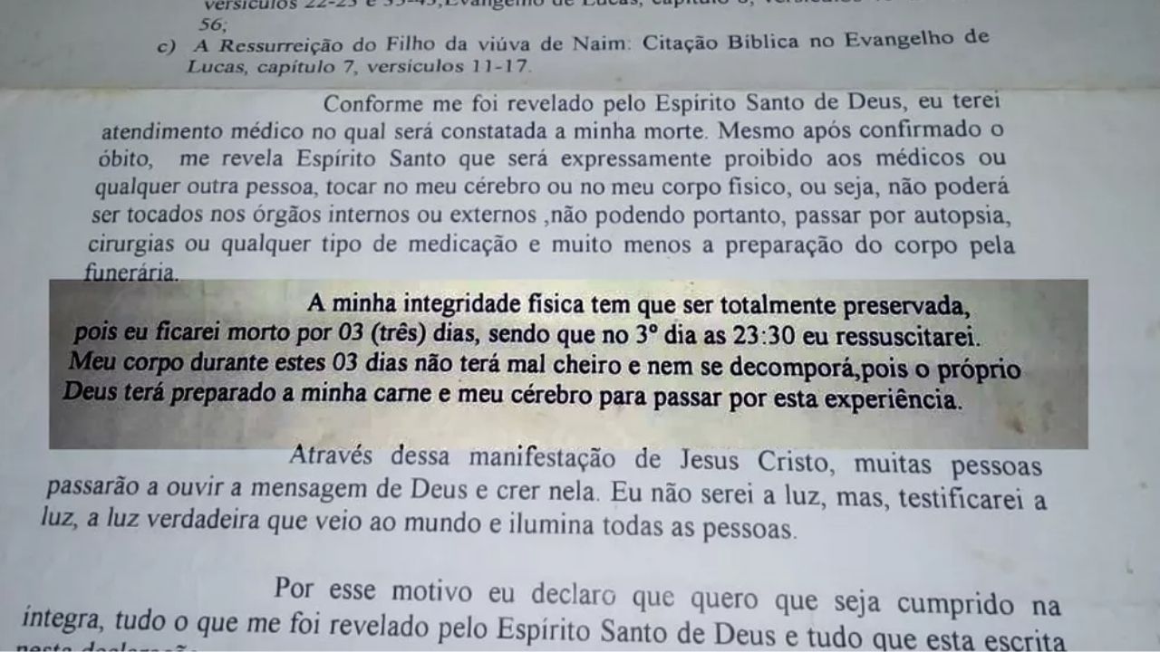 A carta deixada pelo pastor que disse que ressuscitaria: ‘No 3º dia às 23:30 eu ressuscitarei’