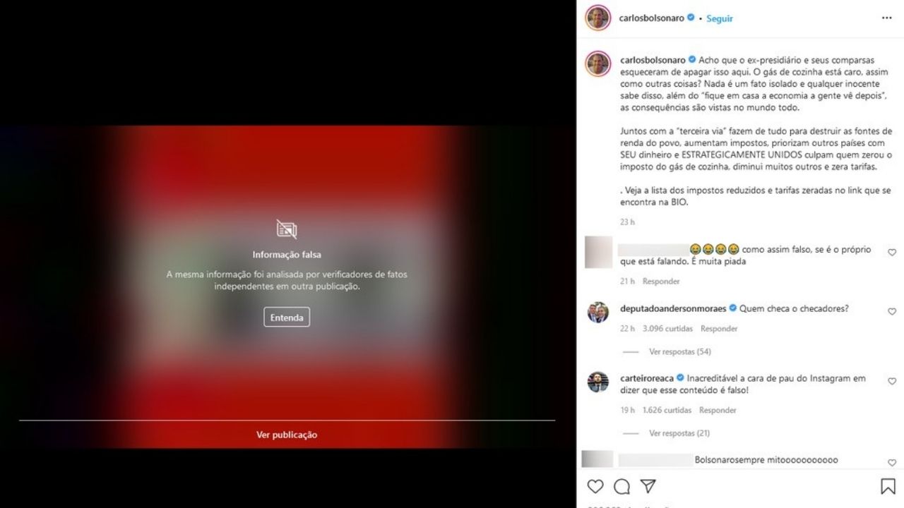 Instagram classifica duas publicações de Carlos Bolsonaro como falsas