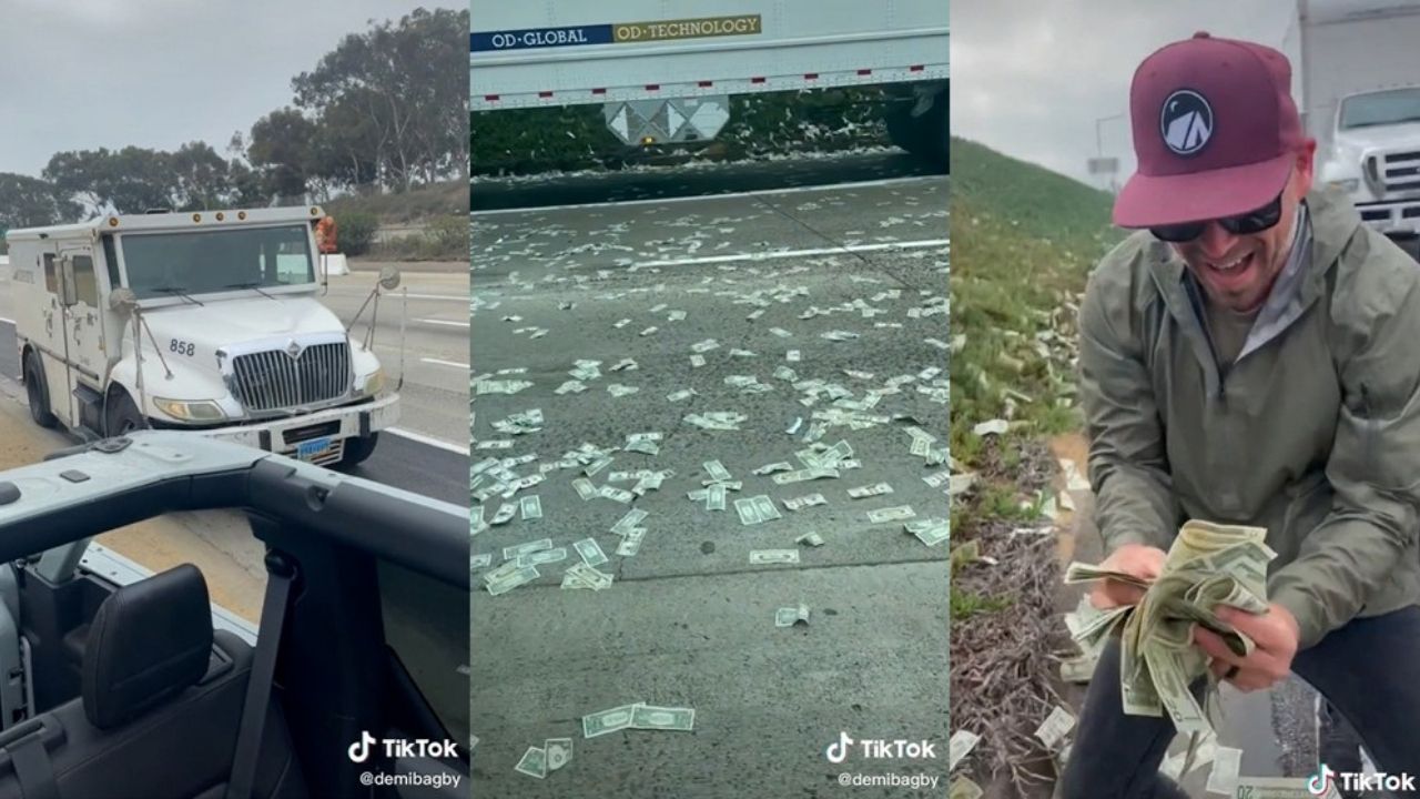 Porta de carro forte abre e rodovia fica coberta de dinheiro nos EUA