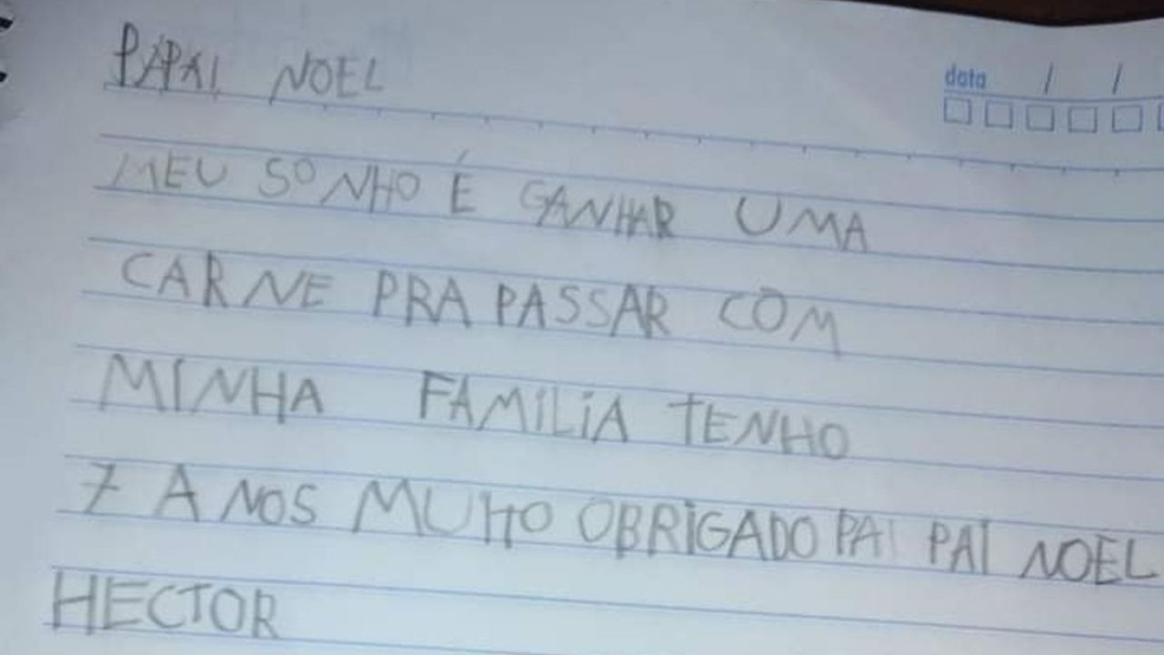 Menino pede carne de Natal em carta para Papai Noel