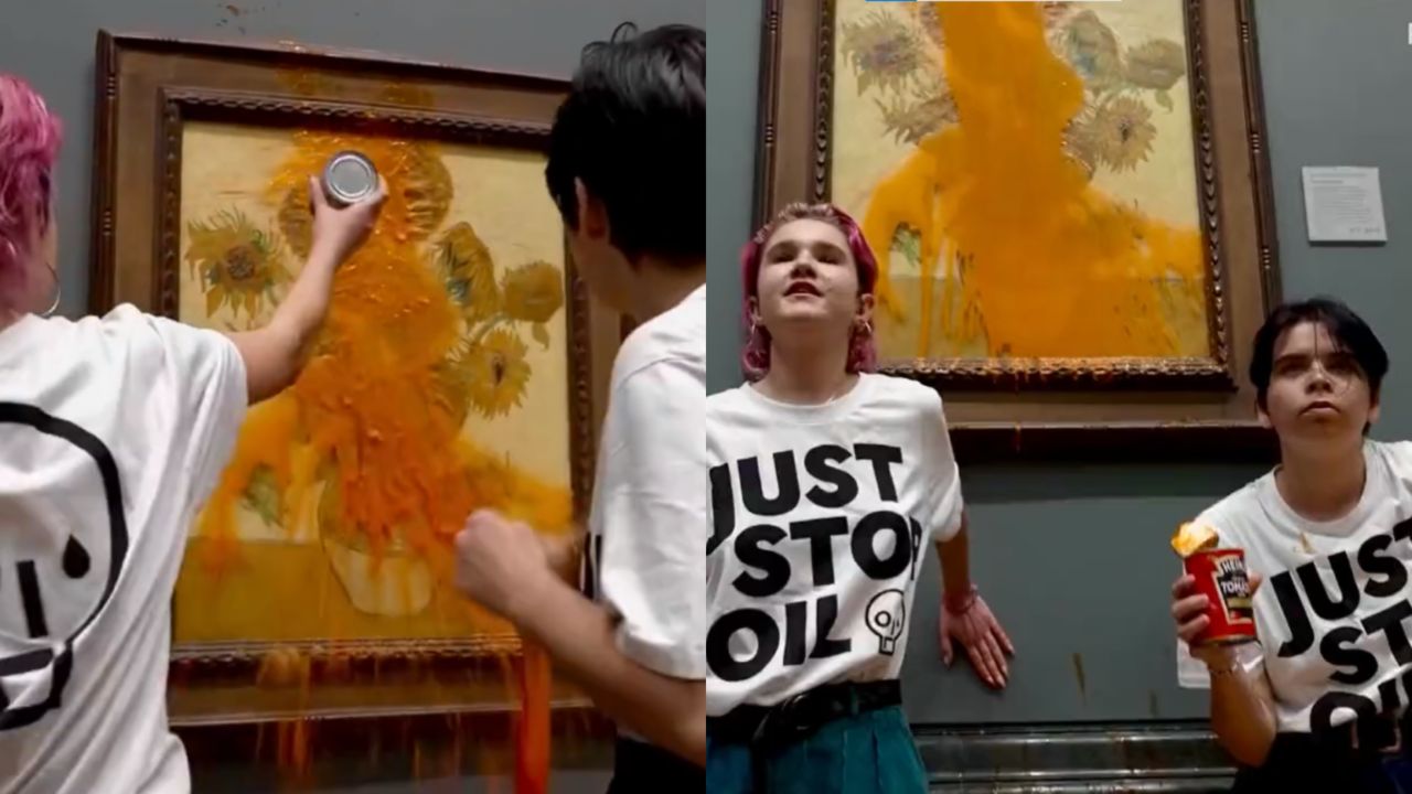 Ativistas jogam sopa de tomate em “Girassóis”, de Van Gogh, durante protesto