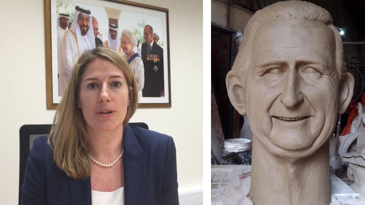 Em visita ao Recife, embaixadora britânica elogia boneco gigante do rei Charles: ‘fizeram ele sorridente’