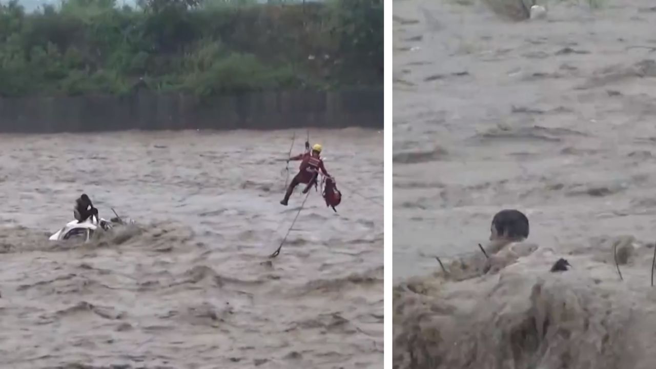 China: Motorista é resgatado de enchente após ficar submerso