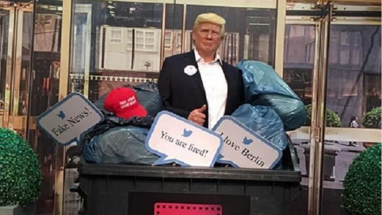 Estátua de cera de Donald Trump é colocada em caçamba de lixo por museu