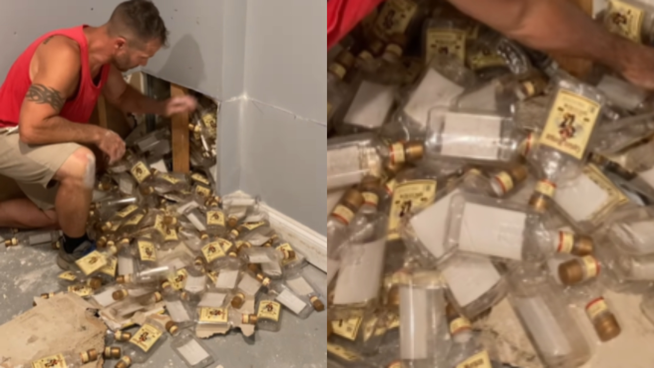 Como inúmeras garrafas de rum foram parar na parede de uma casa?