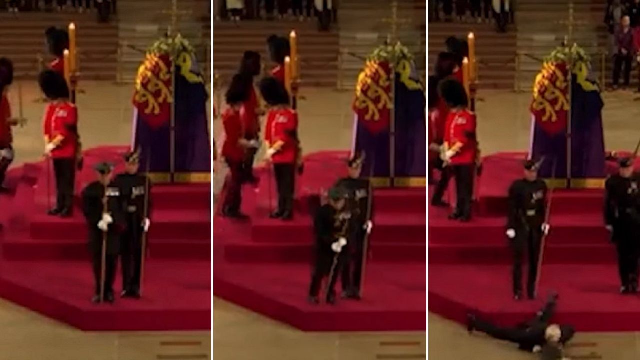 Durante velório de Elizabeth II, guarda cai no chão e é socorrido