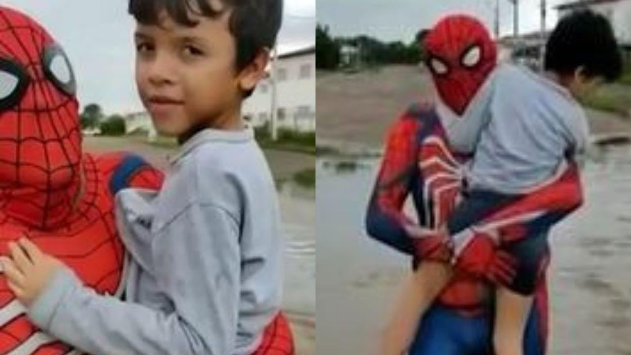 Homem-aranha resgata menino durante alagamento em Teresina