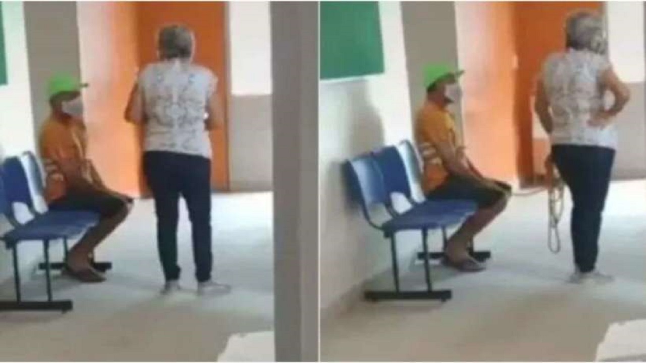 O que diz o vídeo que mostra um homem amarrado em um posto?