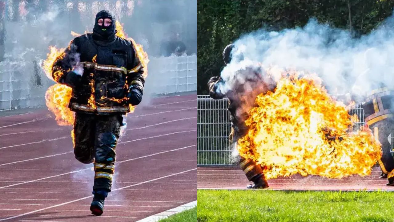 Bombeiro bate recorde mundial de corrida mais longa com o corpo em chamas