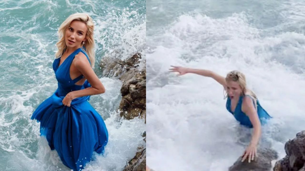 Modelo é arrastada pelo mar durante ensaio fotográfico na praia
