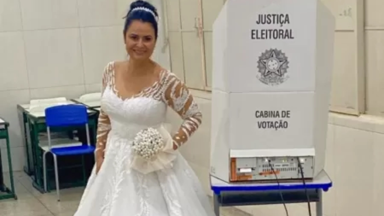 Mulher foi do casamento direto para seção eleitoral: ‘Muito divertido’