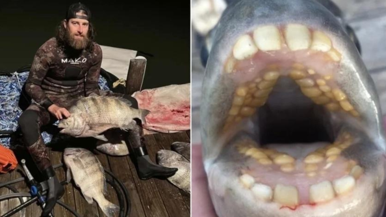 Nos Estados Unidos, pescador pega peixe com ‘dentes humanos’ com peso recorde