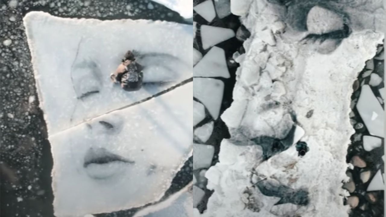 Artista surpreende ao pintar retratos em blocos de gelo flutuando na Finlândia