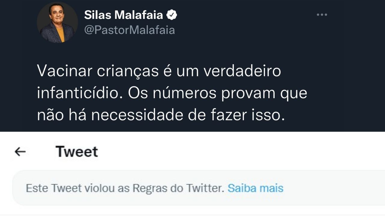 Twitter tira do ar post de Malafaia chamando vacinação de infanticídio