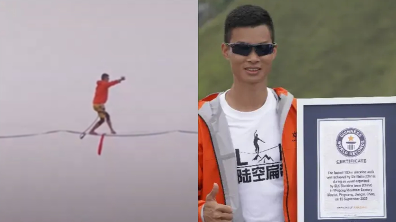 Chinês de 31 anos bate recorde e percorre 100 metros de slackline em um minuto