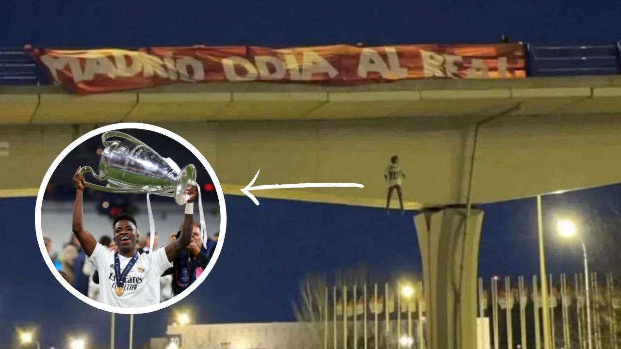 Boneco de Vinícius Júnior sendo enforcado é pendurado em ponte na Espanha