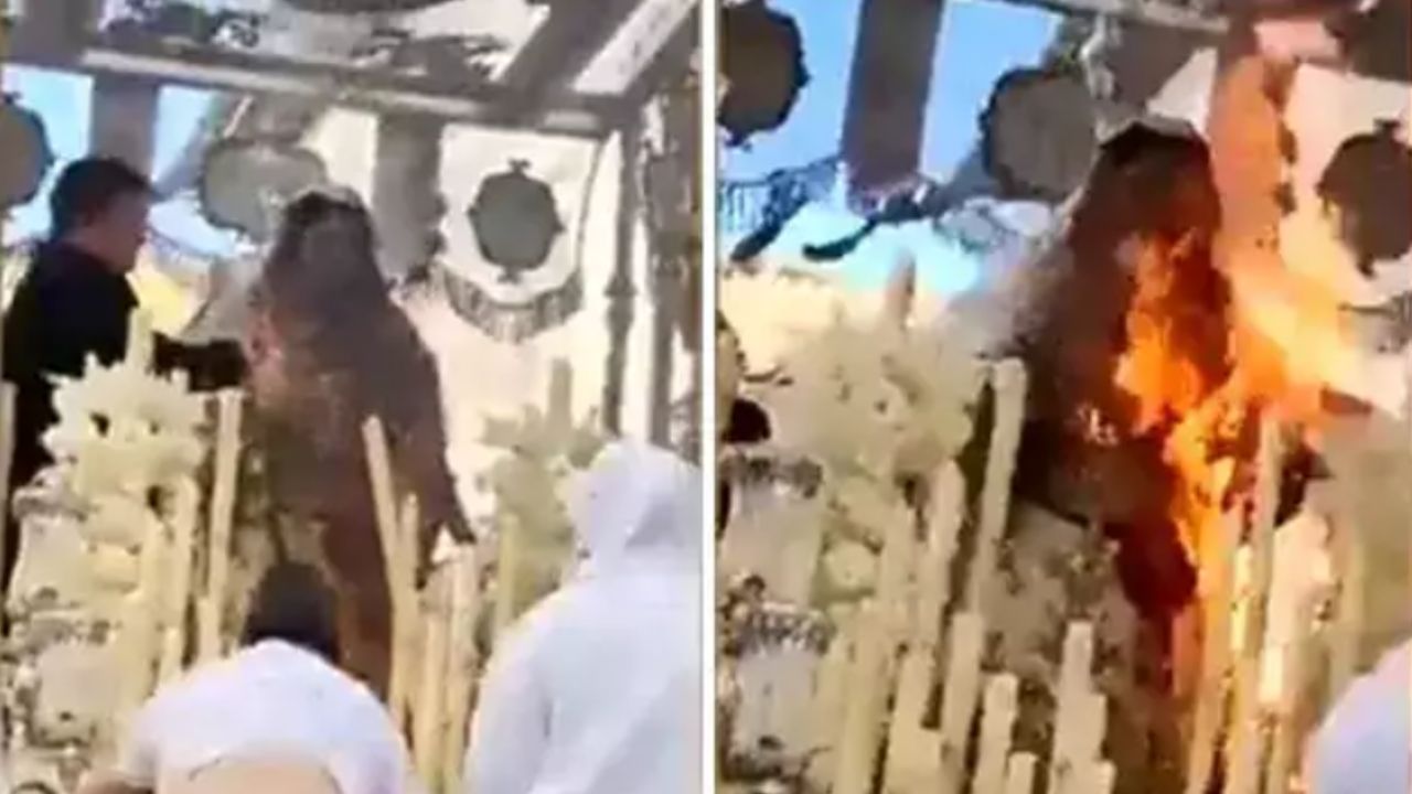 Estátua da Virgem Maria é tomada por chamas em acidente durante desfile de Páscoa