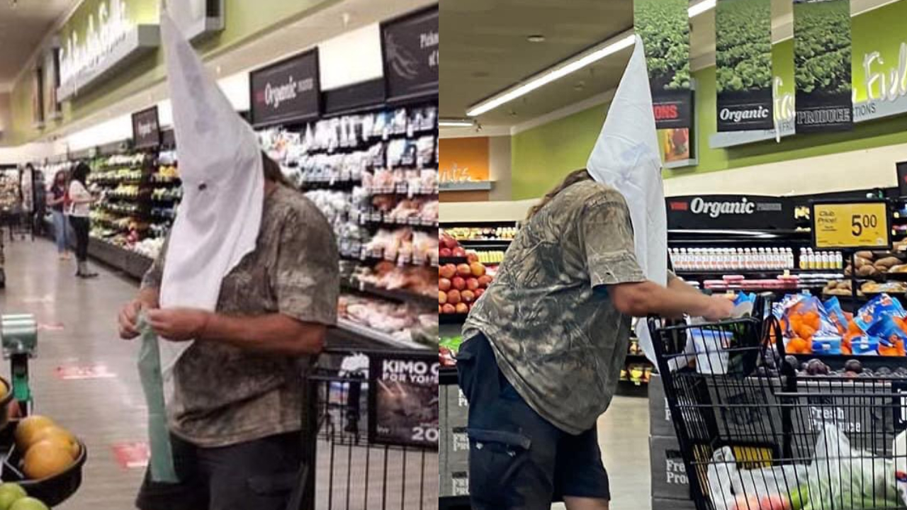Coronavírus: em supermercado, homem veste capuz semelhante ao usado pelo Ku Klux Klan